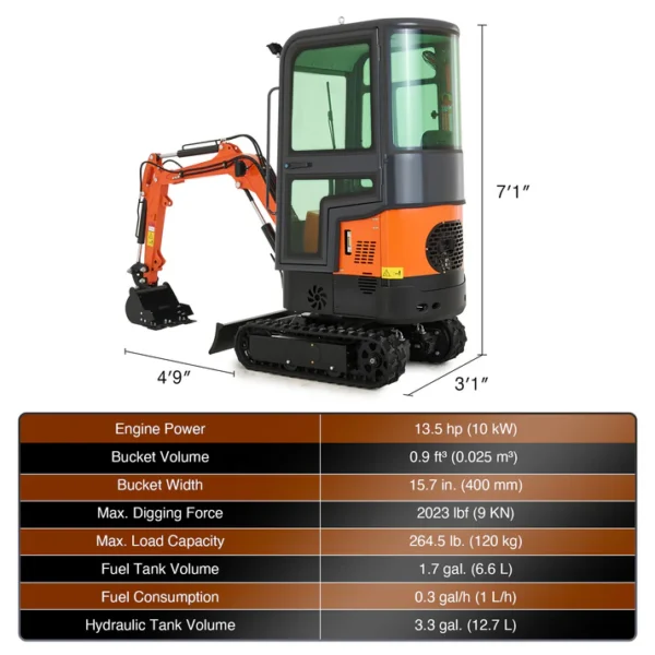 13.5 HP Mini Excavator 1 Ton Mini Digger with Enclosed Cab 2023 lbf Force - Image 3