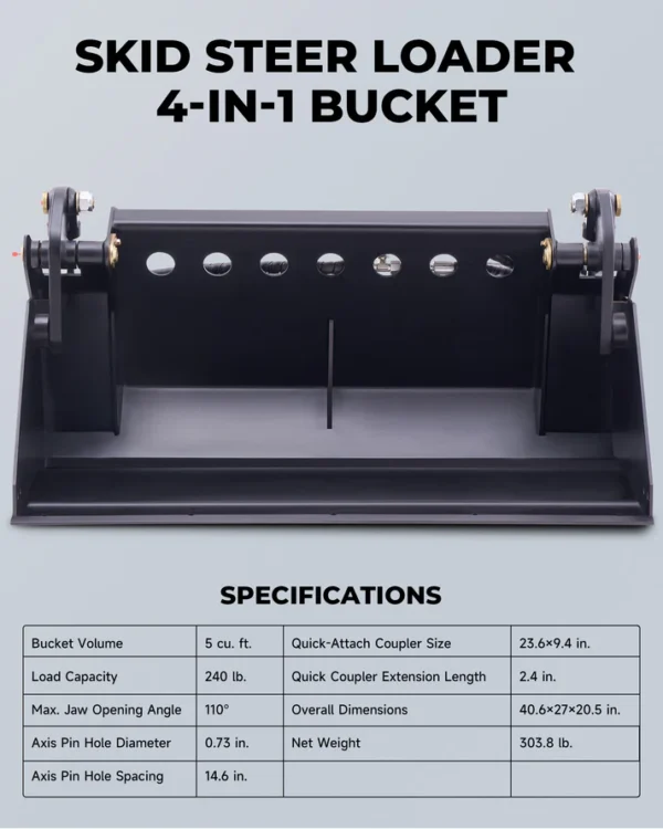 41" 4-in-1 Combo Mini Skid Steer Bucket Attachment with Quick Attach, Universal Mount - Image 2