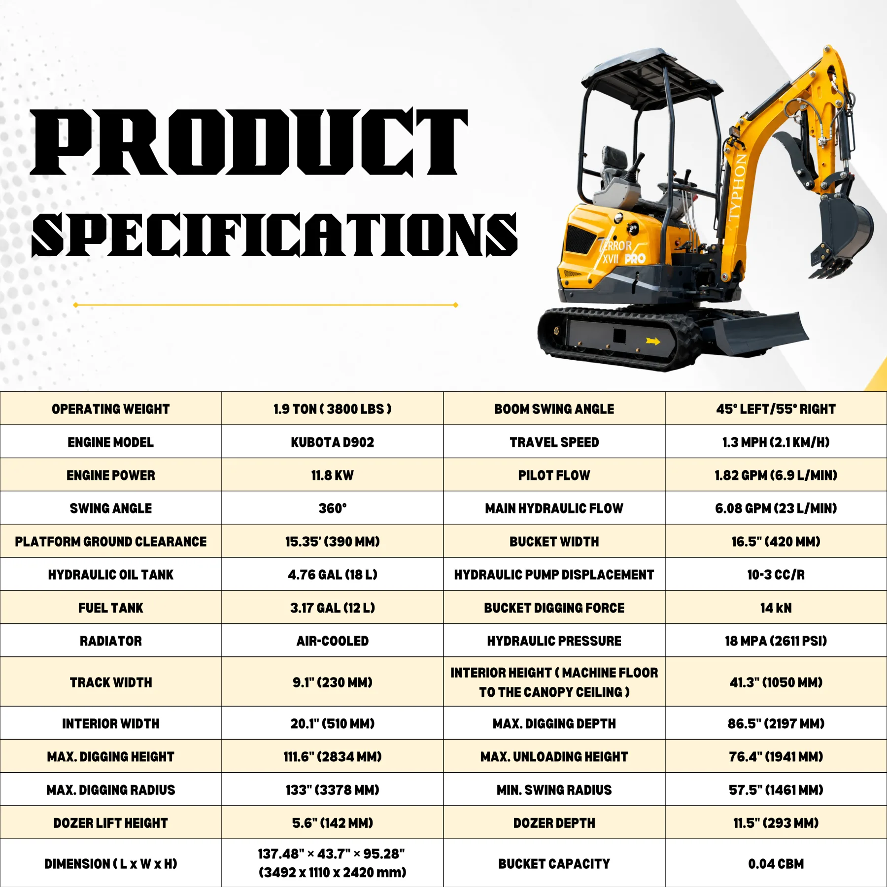 TYPHON TERROR XVII PRO 3800 lb Mini Excavator, Kubota D902 Diesel, Hydraulic Thumb, Pilot Controls, 14kN Dig Force - Image 2